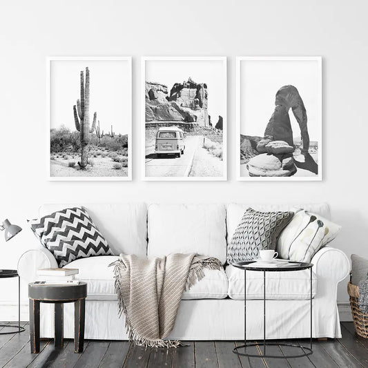 Black White Desert Wall Art Set of 3. Cactus, Arches, Bus