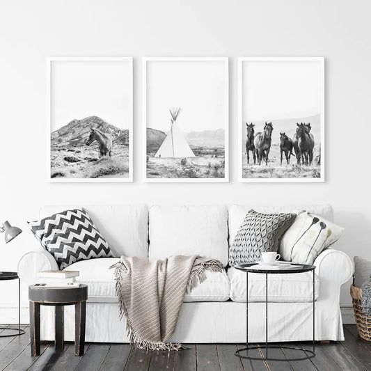 Western Wall Art Set of 3. Desert, Wild Horses, Tepee