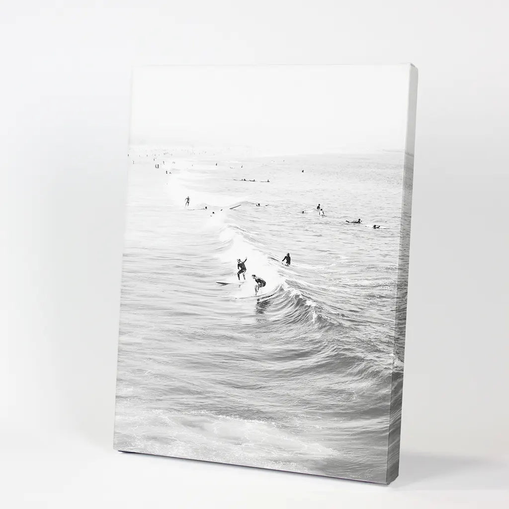 Black and White Surfers on the Waves - Coastal Wall Art