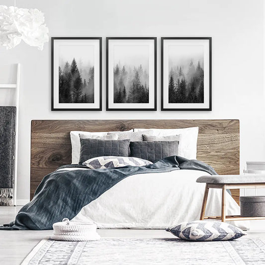Misty Pine Forest Wall Art Set of 3. Black White Trees
