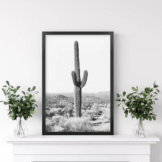 Saguaro Cactus Wall Art Print, Black White Desert Decor