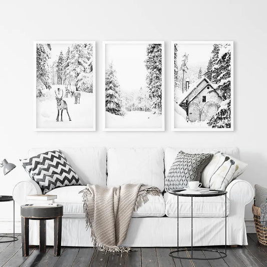 Black and White Winter Woodland Wall Art Set of 3