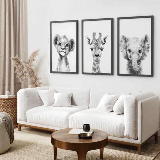 Black and White Jungle Nursery Wall Art Set of 3 - Lion, Giraffe, Elephant