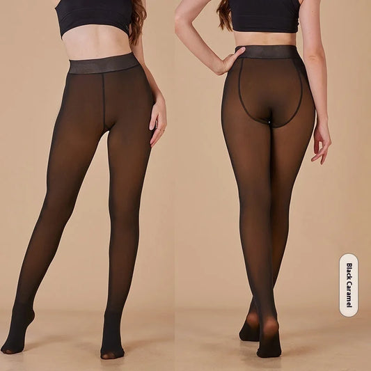Black caramel sheer tights front and back - women's warm one-piece high-waist thermal pantyhose