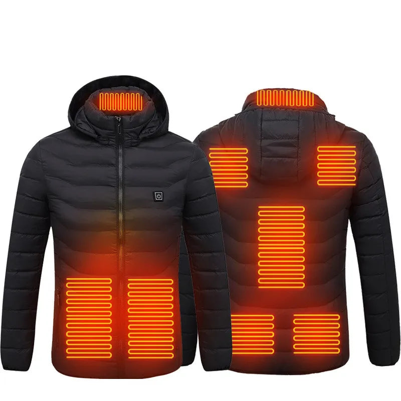 Black heated jacket with visible heating elements on a white background