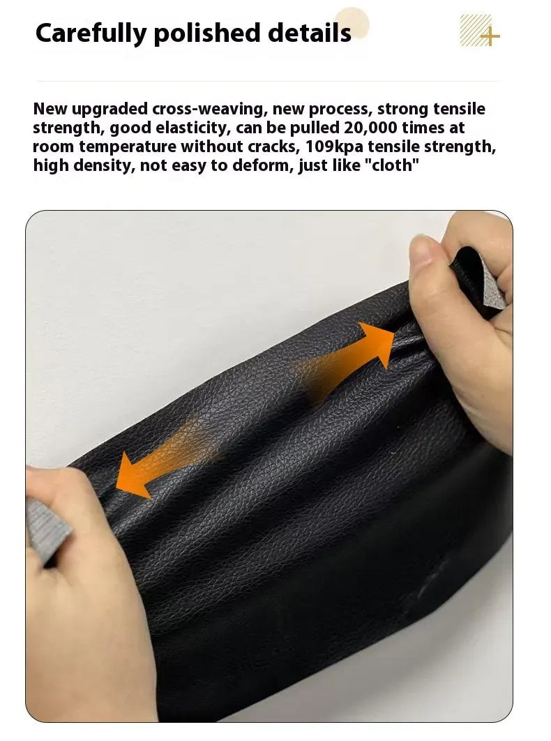 Black strong leather repair with cross-weaving details, showing strength and elasticity.