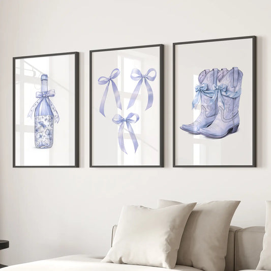 Blue Bows Western Boots Wall Art Set of 3 Prints