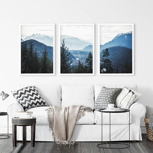 Navy Blue Mountain Forest Wall Art, Nordic 3 Piece Set
