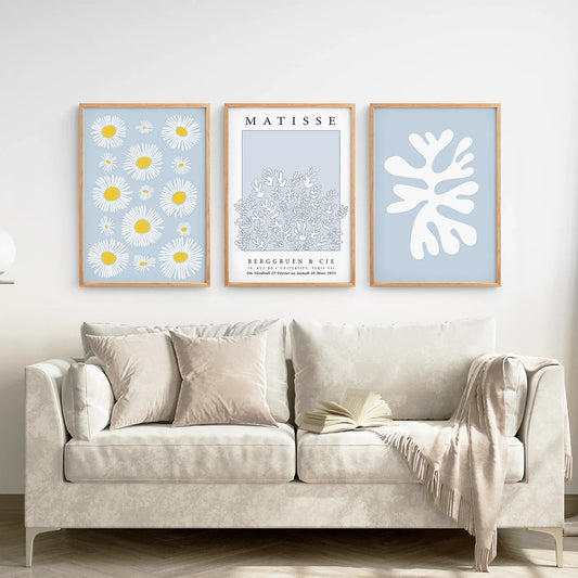 Blue Abstract Wall Art Set of 3, Leaf and Cut-Out Prints