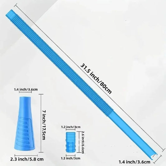 Blue flexible dryer vent cleaning hose with detailed length and diameter measurements shown