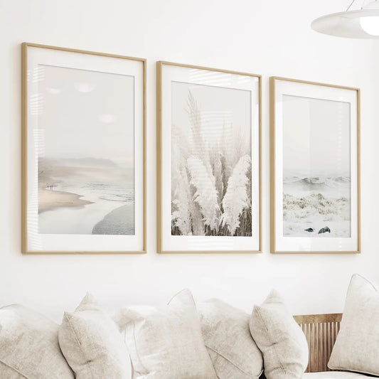 Beige Boho Beach Wall Art, Coastal 3 Piece Set