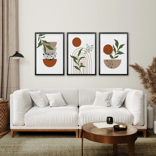 Abstract Green Leaves Wall Art Set of 3, Earth Tones