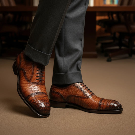 Brown leather dress shoes with alligator pattern worn with gray pants in an indoor setting.