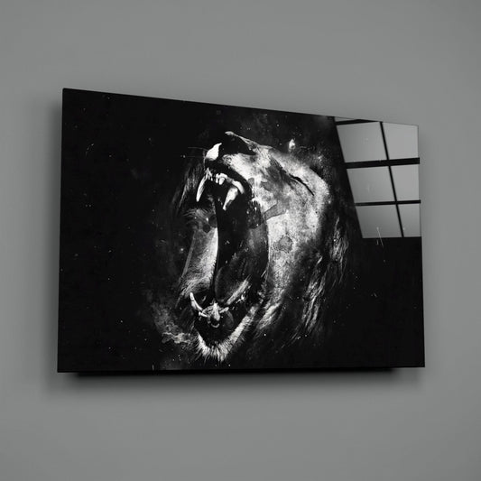 Roaring lion glass wall art on a gray wall, light reflecting off the glossy front