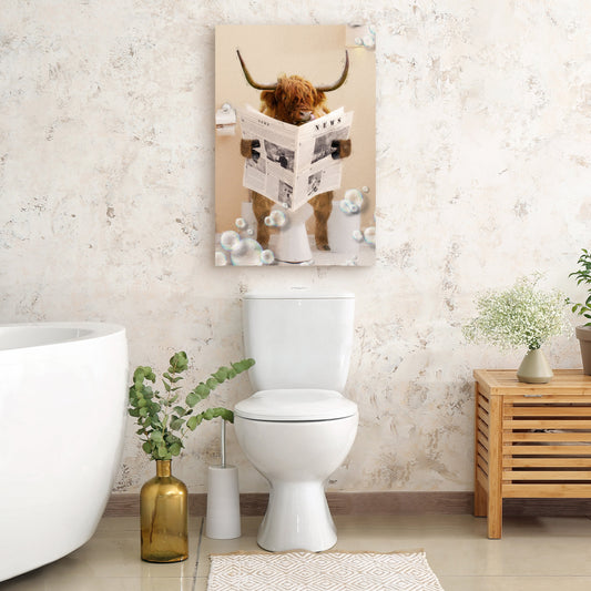 Highland Cow Reading the Newspaper canvas shown in a styled room setting, view 2