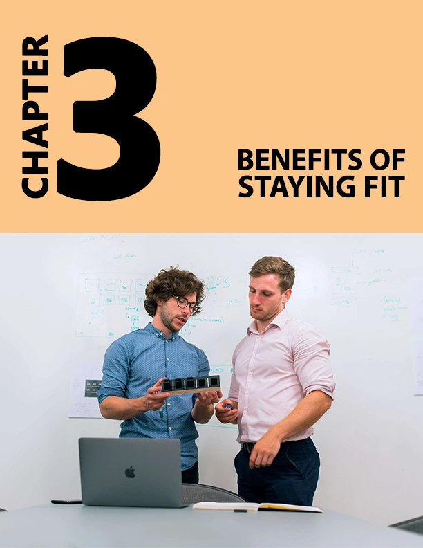 Chapter 3 – Benefits of Staying Fit page with two men discussing health at work | Ultimate Home Workout Plan guide