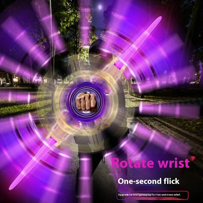 Child wearing spinning sword toy demonstrating wrist rotation feature with purple light effects