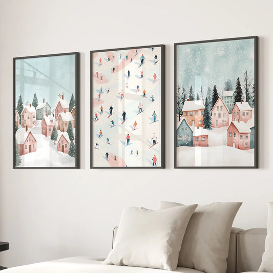Winter Village Christmas Wall Art Set of 3 Prints