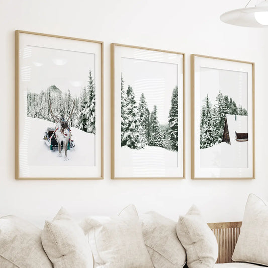 Snowy Winter Wall Art Set of 3 Reindeer Prints