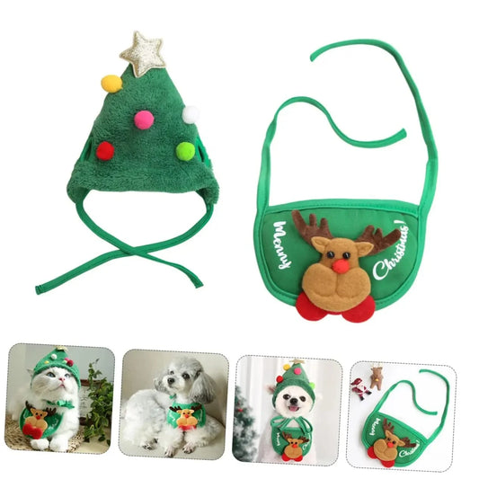Christmas-themed pet accessories including a tree-shaped hat and a reindeer bib on a white background.