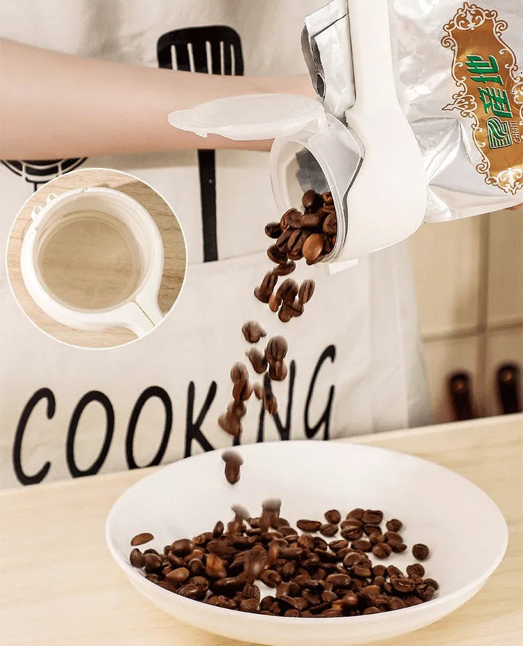 Coffee bag with sealing clip showing wide mouth pouring design