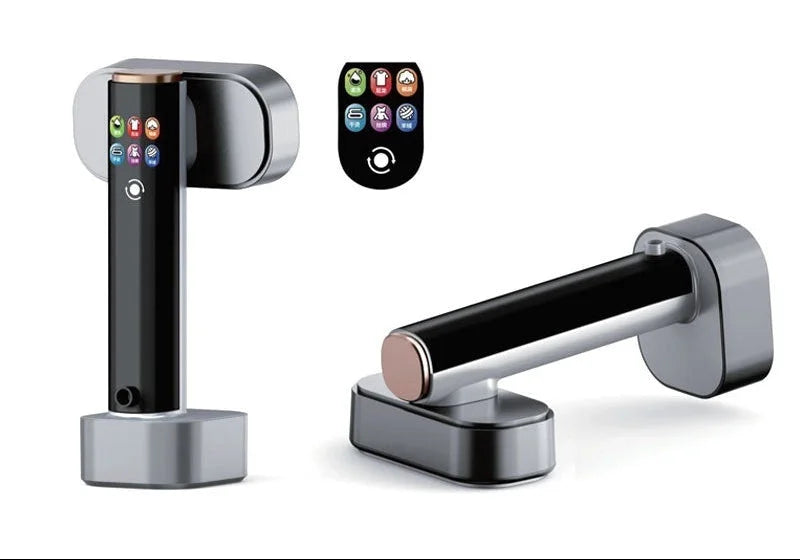 Compact handheld steam iron showing colorful LED control panel and horizontal storage position on charging dock