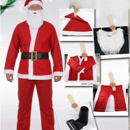 Complete Santa costume adult set with red jacket pants hat beard and belt on display