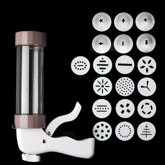 Cookie press kit with 19 decorative disc patterns included for baking variety