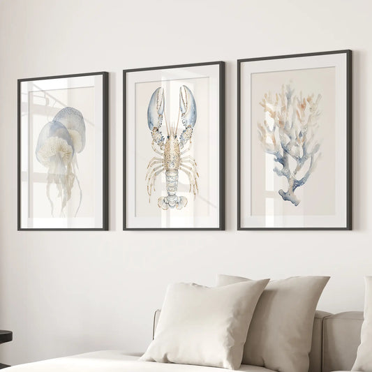 Ocean Animal Wall Art Set of 3, Jellyfish Lobster Coral