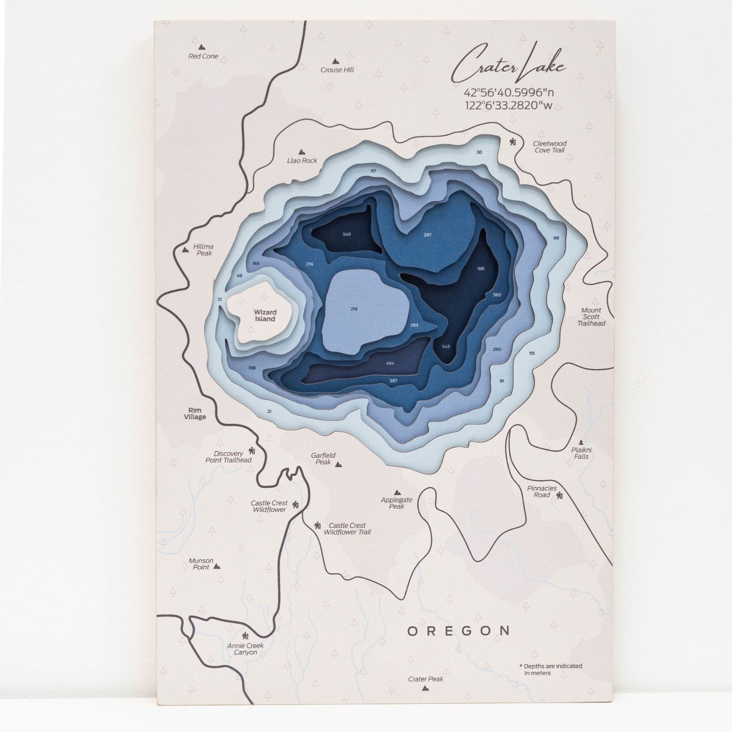Wooden Crater Lake Map Wall Art