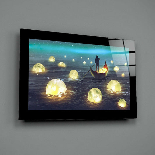 Glowing Moon Boatman Fantasy Glass Wall Art