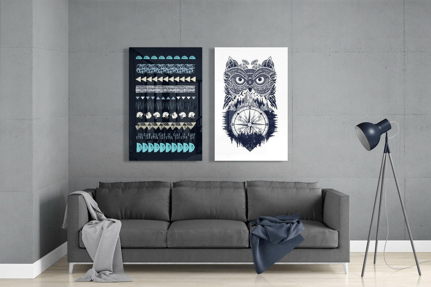Owl and Shapes 2-Piece Glass Wall Art Set