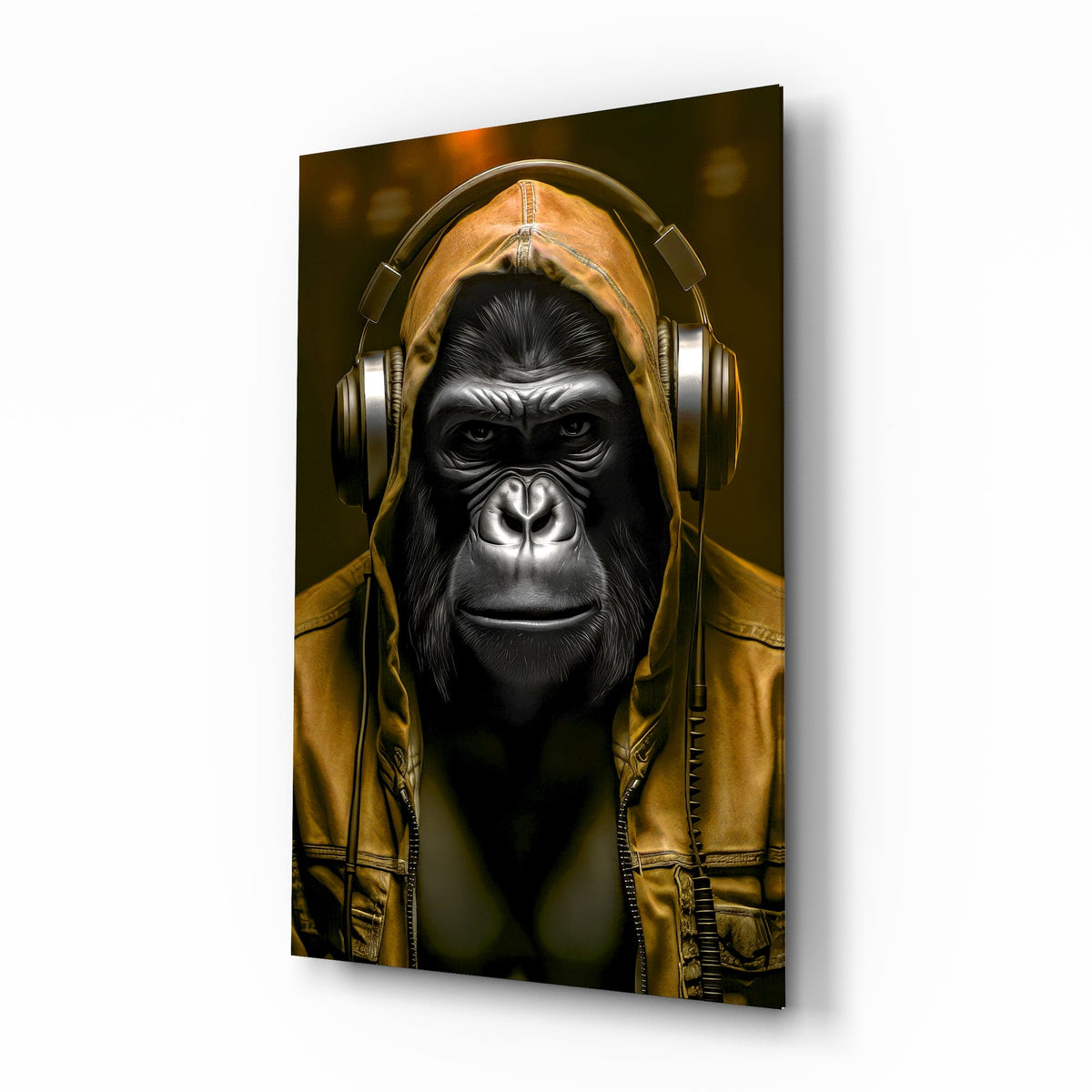 Yellow hooded gorilla glass wall art, larger front view on a plain white background