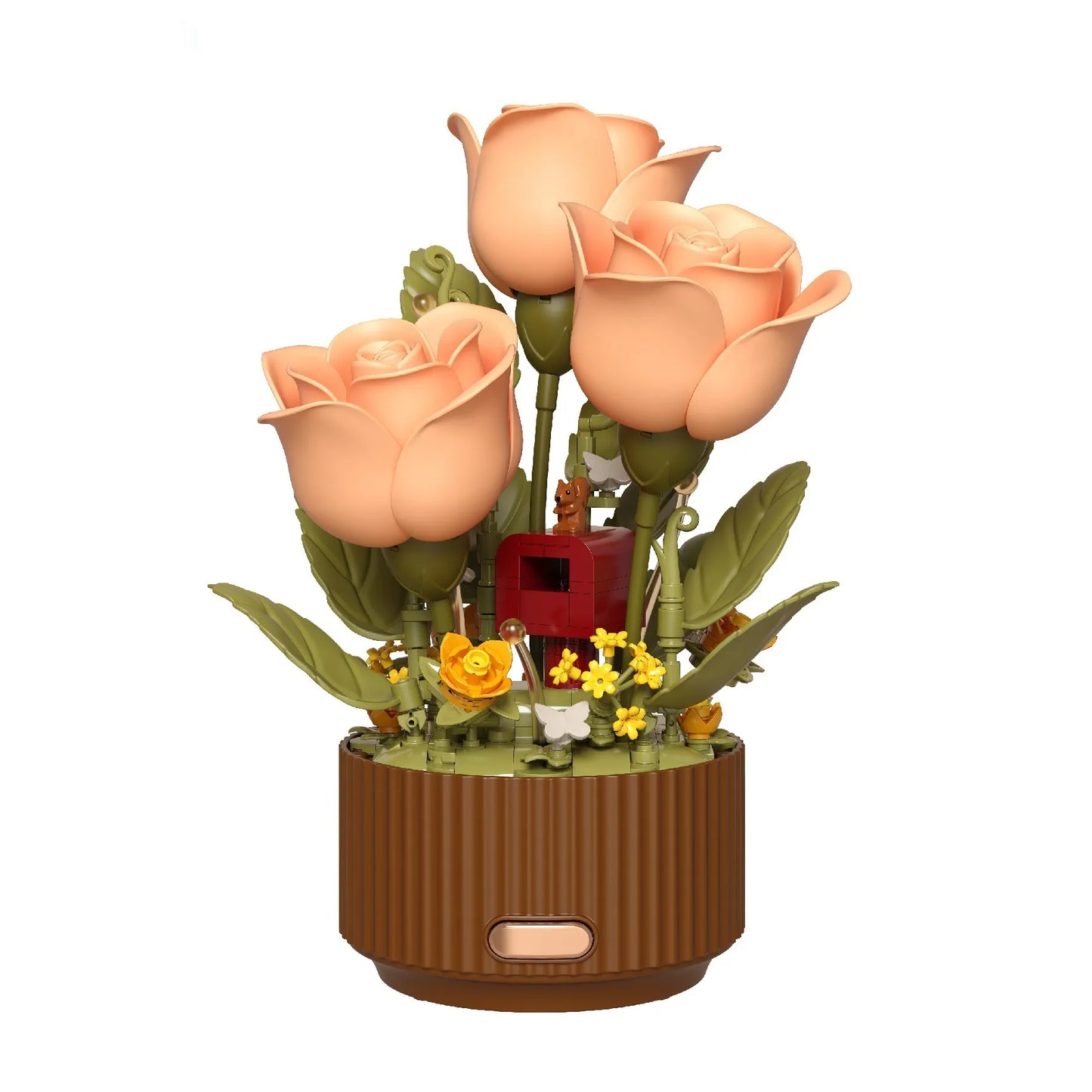 Decorative flower arrangement with peach-colored roses on a white background