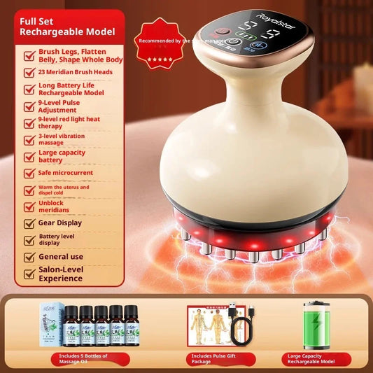 Electric body brush massager full set with red light therapy, rechargeable model with 23 meridian brush heads and massage oils