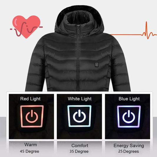 Electric heated jacket showing red 45 degree white 35 degree blue 25 degree temperature options