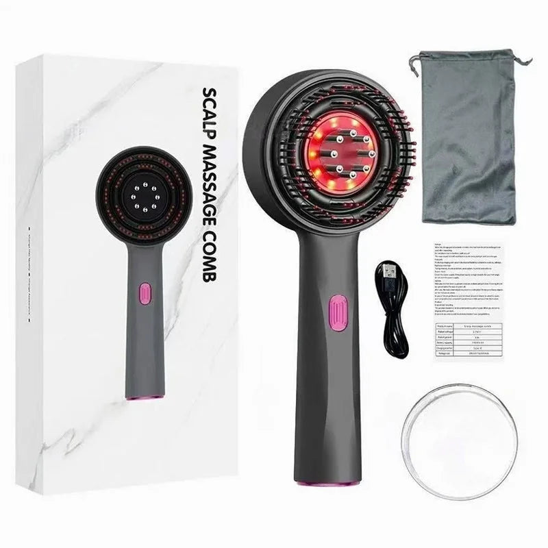 Electric scalp massage comb in gray displayed with accessories including box, USB cable, and storage pouch.