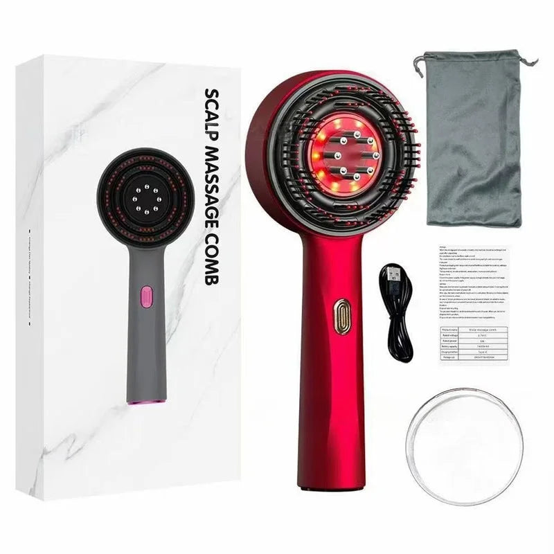 Electric scalp massage comb in red shown with full accessory set including box, USB cable, and storage pouch.