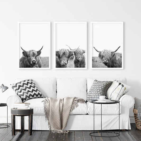 Black White Highland Cow Wall Art Set of 3 Prints