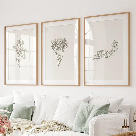Vintage Neutral Botanical Wall Art Set of 3 Prints