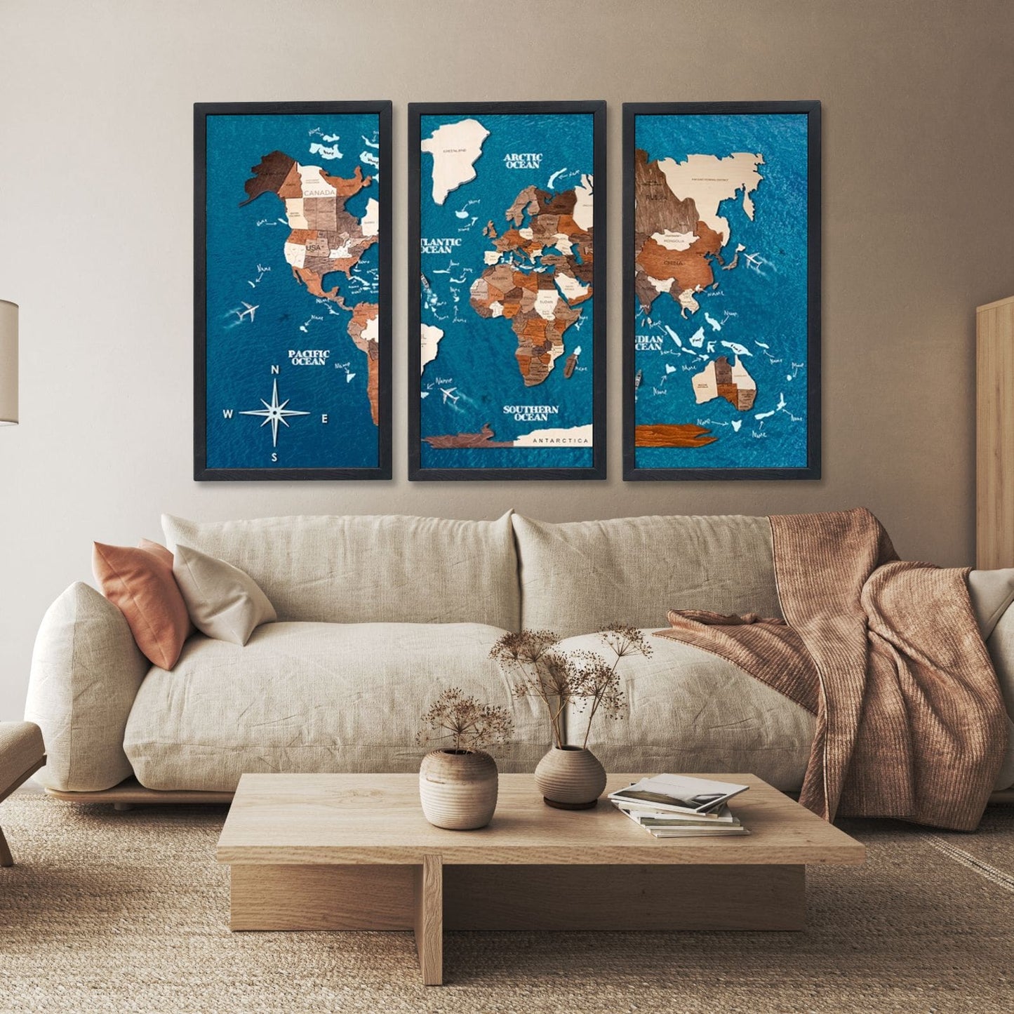 3D Canvas Triptych World Map Wall Art - Multicolor