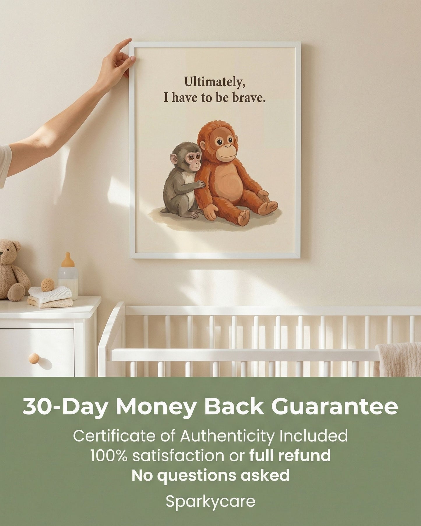 Framed artwork with two monkeys in a nursery setting, featuring a 30-Day Money Back Guarantee text.