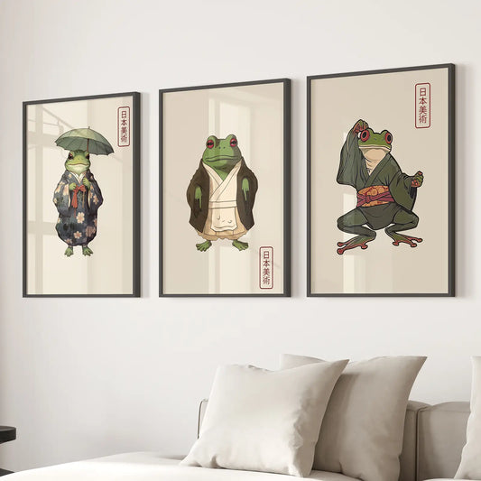 Whimsical Japanese Frog Wall Art Set of 3 Prints
