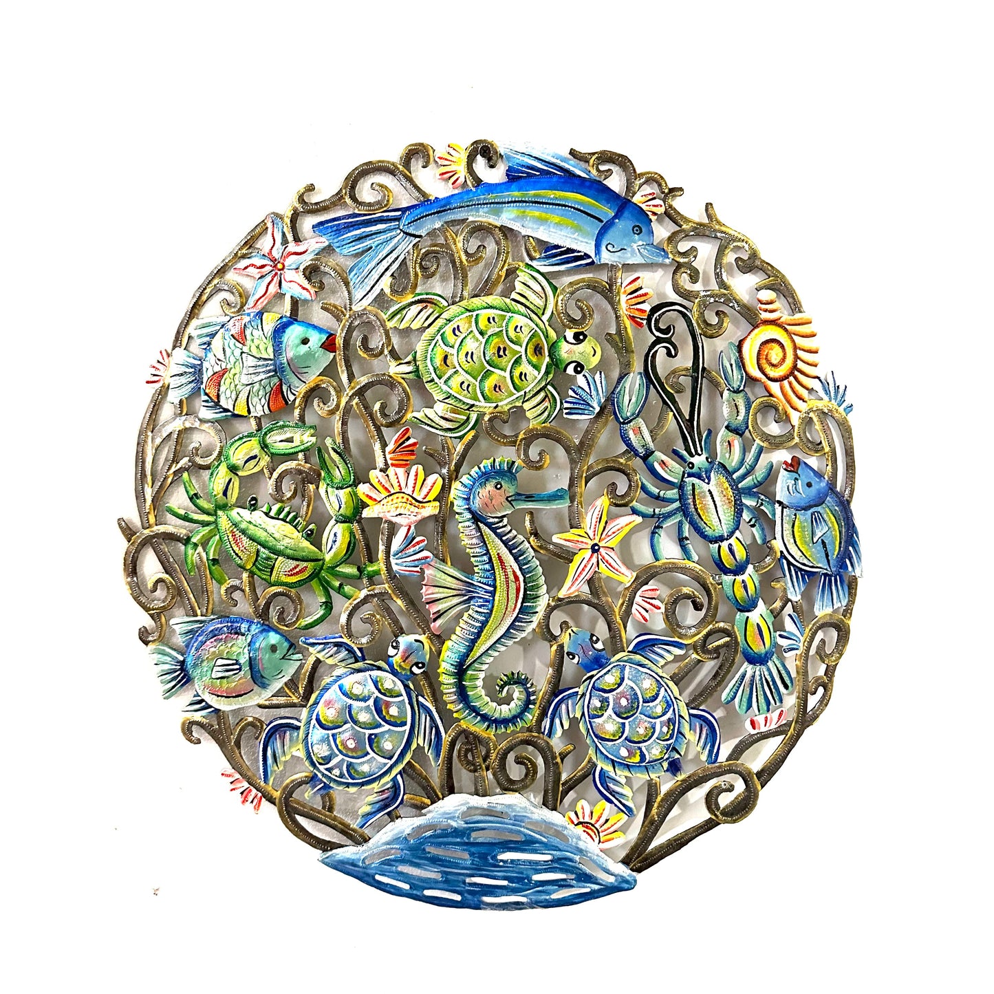 Hand-hammered Haitian steel drum ocean scene metal wall art
