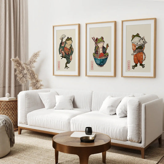 Funny Frog and Cat Japanese Art Set of 3