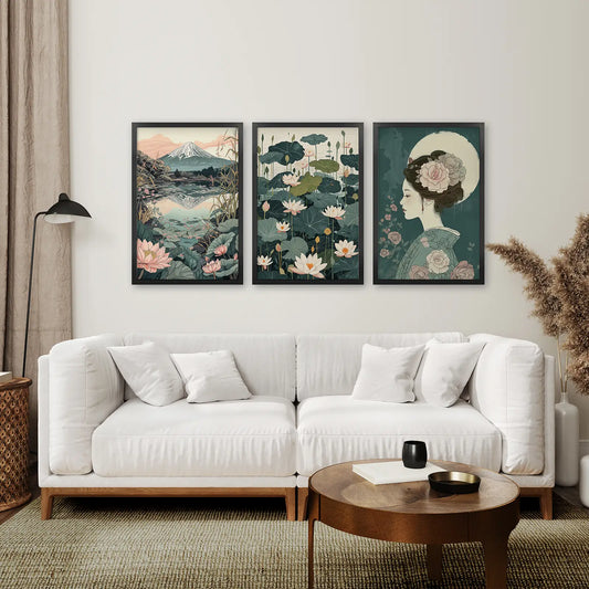 Japanese Nature Wall Art, Geisha and Mount Fuji Set of 3