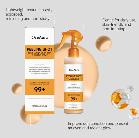 Gentle care benefits of kojic acid body spray showing non-sticky lightweight water texture formula