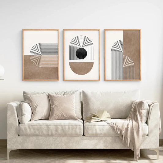 Geometric Arches Wall Art Set of 3, Black and Beige Abstract