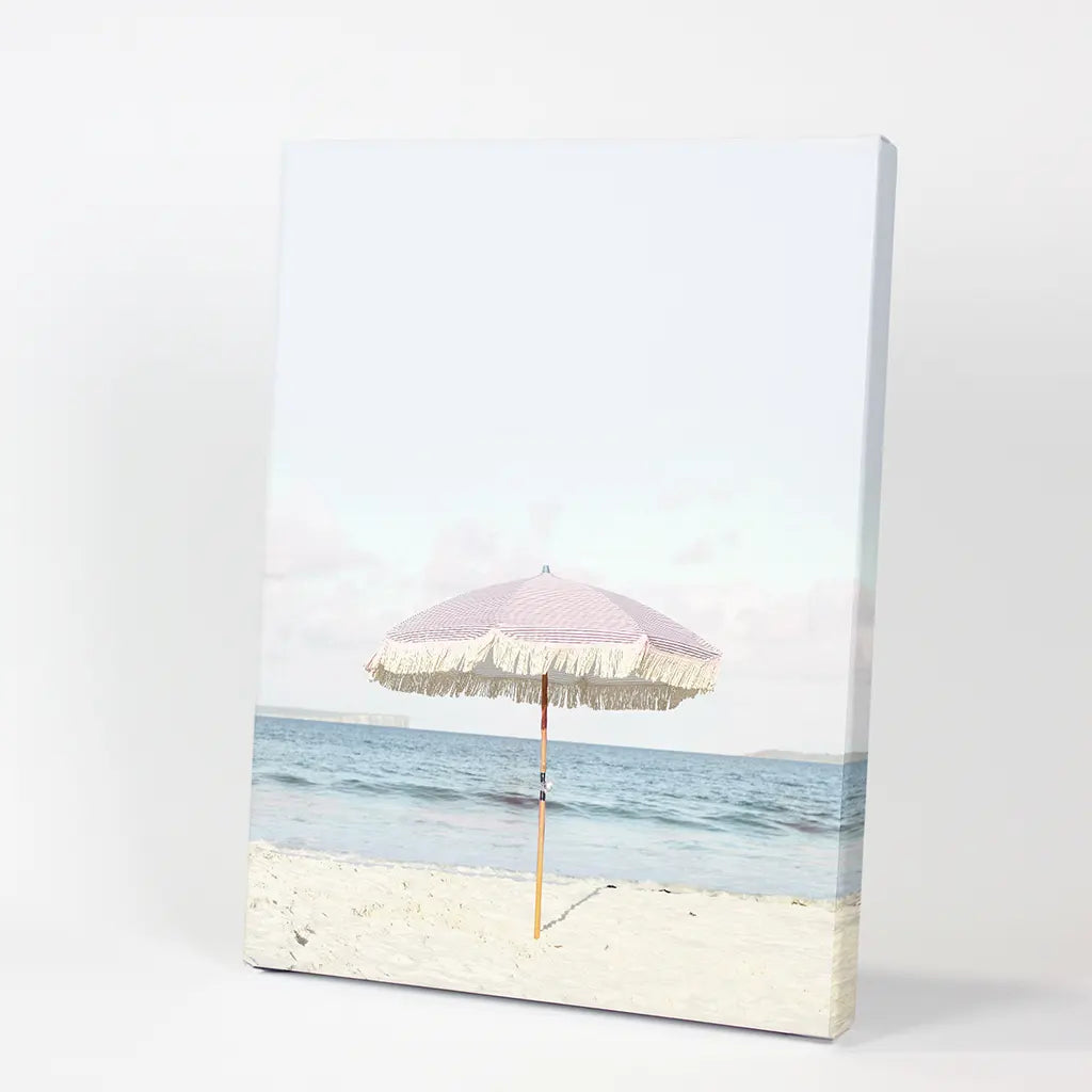 Pink Umbrella Nursery Print - Blue Ocean Coastal Wall Art