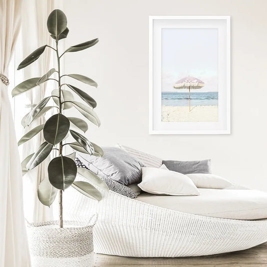 Pink Umbrella Nursery Print - Blue Ocean Coastal Wall Art
